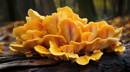 Poster - Cluster of Vibrant Yellow Mushrooms on a Forest Log