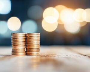 Wall Mural - Stacks of coins on a wooden table with a warm, blurred light background, symbolizing wealth and financial growth.