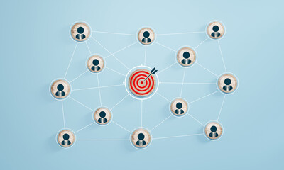 Wall Mural - red dartboard and red arrow connection linkage with human icon for customer focus target group and c