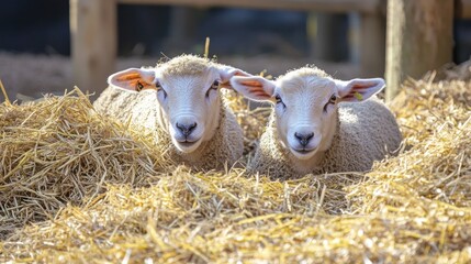 Wall Mural - Two White Lambs Resting in Hay