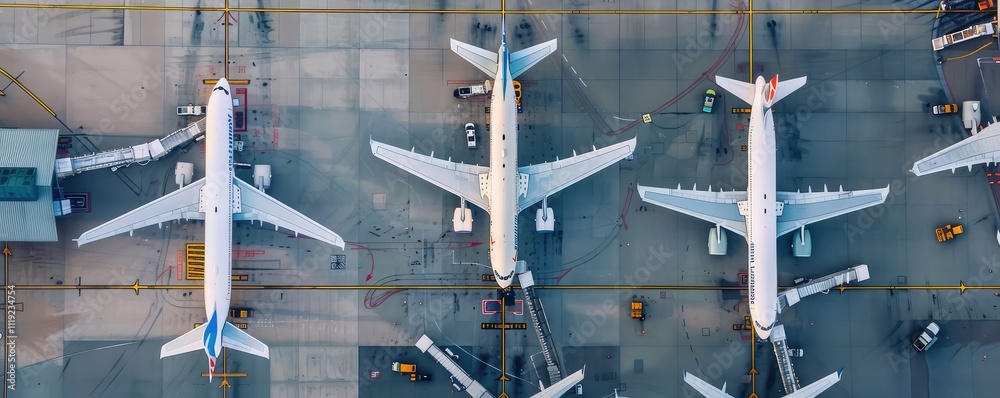 Aerial view of airplanes parked at airport terminal gate. Stock Photo ...