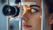 © Wannaeka - Close-up portrait of woman examining eyes with silver eye examination machine in medical setting, with serious, focused mood.