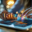 © MUHAMMADALAN - Close-up of hands using tablet, displaying vibrant financial data graphs and charts.
