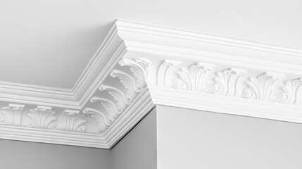 Wall Mural - Polystyrene ceiling cornices in white add elegance and charm to any room. This image highlights white polystyrene ceiling cornices, perfect for photo style with copy space.