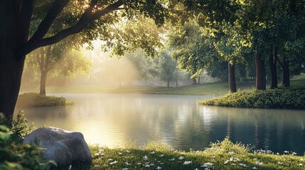 Sticker - Peaceful outdoor morning scene capturing the calm serenity of nature, illuminated by soft sunlight, perfect for highlighting the beauty of a tranquil landscape with ample copy space.