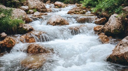 Sticker - Close-up of a fast-flowing river with rushing water cascading over stones, creating natural rapids in a forest. The beautiful stream offers a high-angle view and ample copy space.