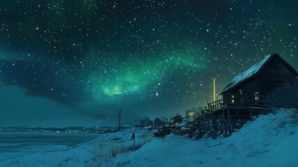 Sticker - Northern Lights Over a Snowy Village