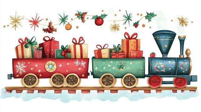 Whimsical Christmas train illustration with gift-filled cars and festive decorations, creating a joyful holiday design