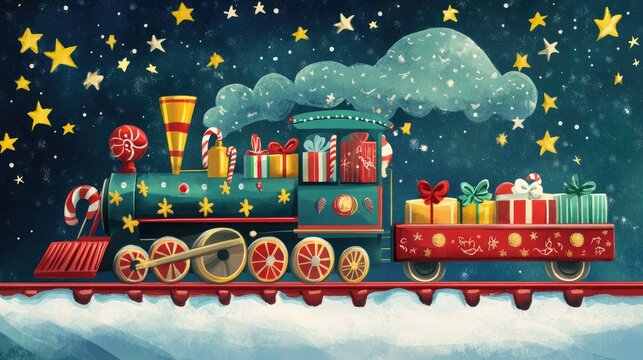 Whimsical illustration of a Christmas train brimming with gifts and candy canes, against a starry holiday background