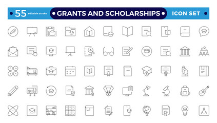 Grants and Scholarships outline icon set. Containing education, research, academic, degree, discipline, bachelor, anpost-graduate icon. Scholarship financial aid, grant. Editable stroke outline icon.
