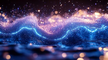 Wall Mural - abstract glowing particles wave, dark background.