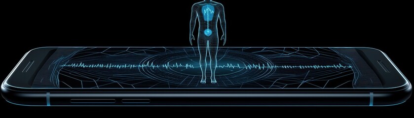 Poster - innovative ai mobile holographic wearable syncing with smartphone app in futuristic setting