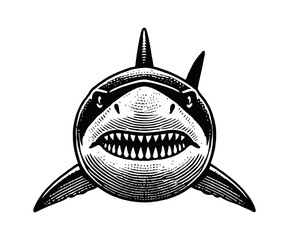 Wall Mural - shark open mouth engraving black and white outline