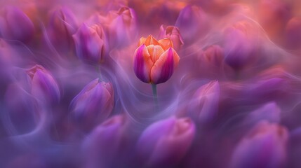 Wall Mural - Dreamy orange and purple tulip amongst blurred blooms.