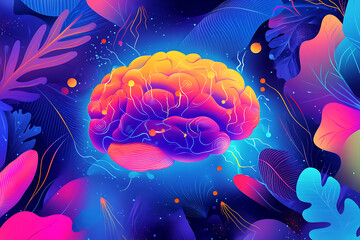 Poster - A vibrant, abstract illustration of a brain surrounded by colorful foliage and energy.