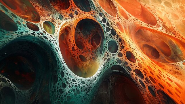 Abstract 3D render of a porous, organic structure with orange, teal and dark colors.