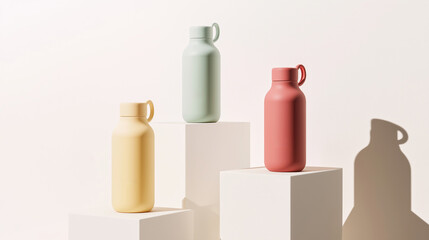 Poster - colorful water bottles displayed on pedestals in a minimalist setting with soft shadows