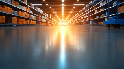 Poster - A warehouse aisle illuminated by bright light at the end, showcasing shelves filled with boxes and a clean floor