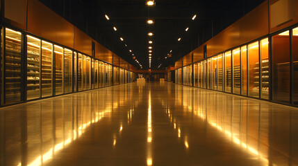 Aufkleber - A dimly lit corridor with glowing shelves on either side, reflecting light on a polished floor, creating a modern and serene atmosphere