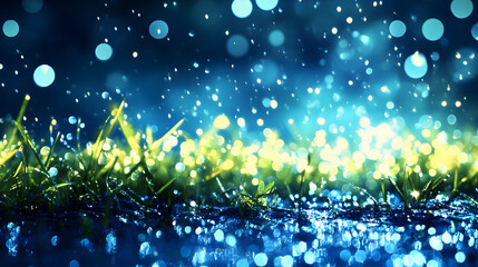 Poster - A captivating scene of glistening grass with shimmering droplets, set against a dreamy, blurred blue background