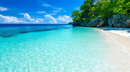Poster - A serene beach scene featuring clear turquoise waters, white sand, and lush greenery under a bright blue sky with fluffy clouds