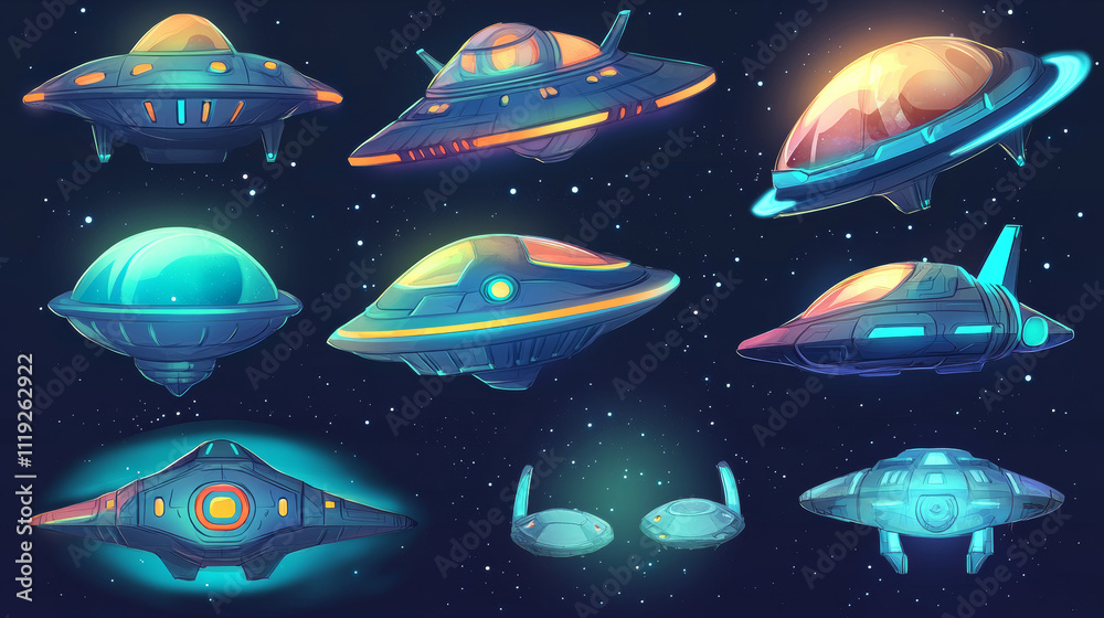 Spaceship and alien ufo ui game vector cartoon set. Fantasy galaxy icon ...
