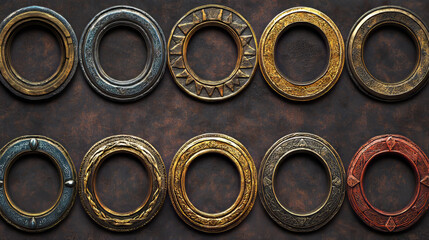 Poster - circle game frames, ui rank or avatar round borders. wooden, metal, bronze, silver, golden and plati