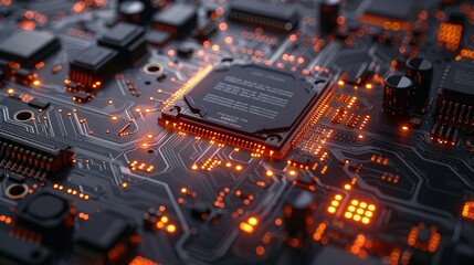 Close-up of a circuit board with glowing electronic components. It is a symbol of technology and innovation in computer science.