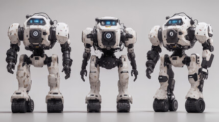 Poster - Humanoid robot evolution levels set. Vector cartoon illustration of futuristic ai character progress from wheeled mascot to strong machine with arms, led eyes on screen face. Modern tech progress