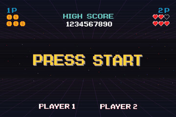 Leinwandbilder - PRESS START. INSERT A COIN TO CONTINUE. pixel art. 8 bit game. Retro Futurism Sci-Fi Background. glowing neon grid. and stars from vintage arcade computer games