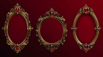 Poster - golden fantasy medieval frame with gem stones and red background for game ui design. cartoon vector 