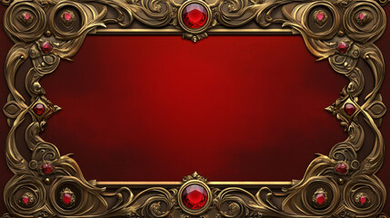 Poster - golden fantasy medieval frame with gem stones and red background for game ui design. cartoon vector 
