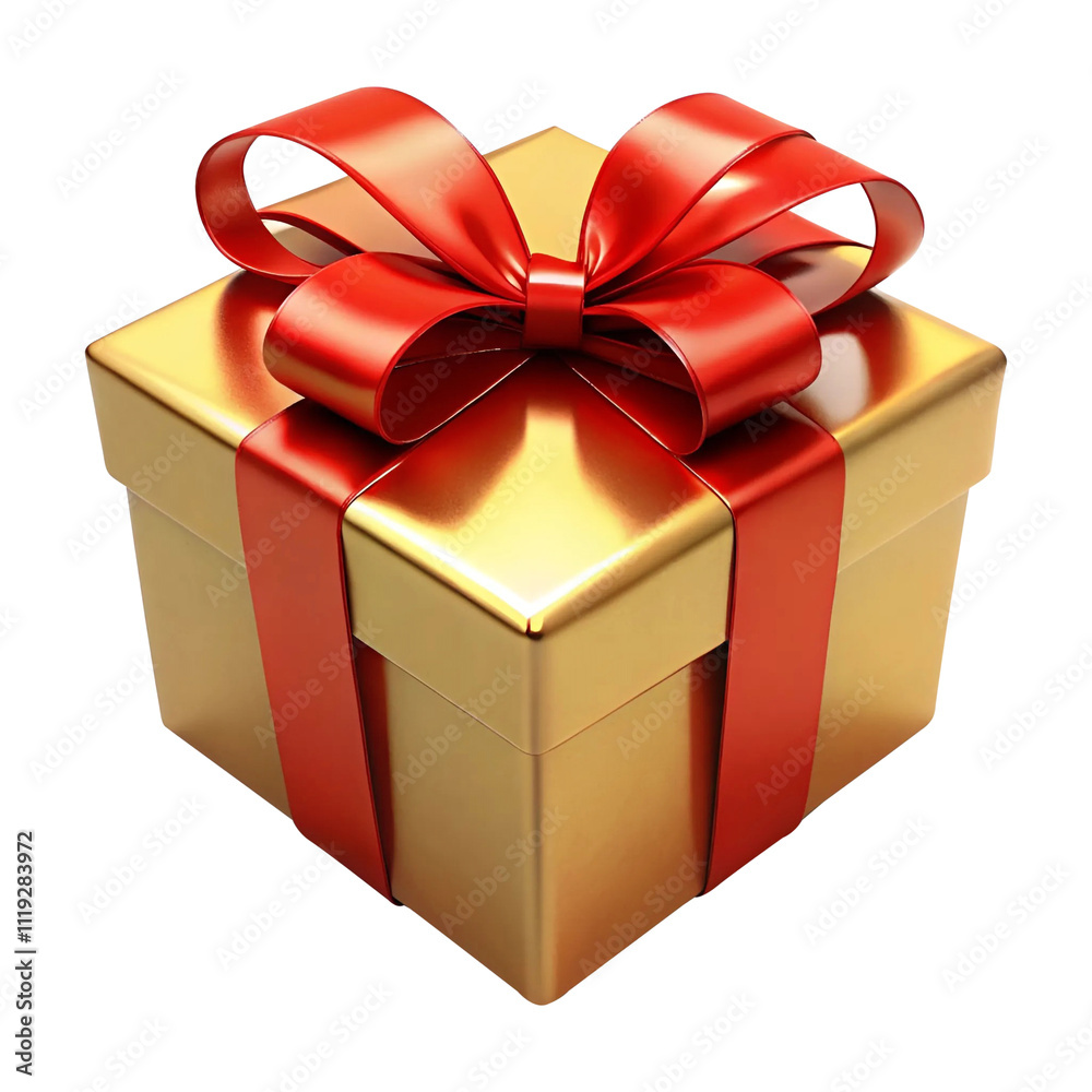 3d Golden gift box with red ribbon bow isolated on transparent ...