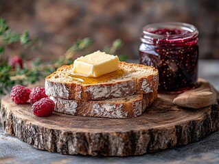 Wall Mural - Delicious toast topped with butter and jam, garnished with fresh raspberries, presented on a rustic wooden board.