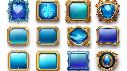 Poster - blue game buttons with gold fantasy frames. vector cartoon set of old glossy award badges, square ac