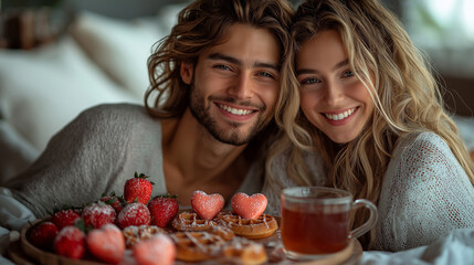 Wall Mural - A cheerful couple enjoying Valentine's Day breakfast in bed with waffles, roses, and a love-themed tray. A cozy and romantic morning captured in a stylish bedroom.