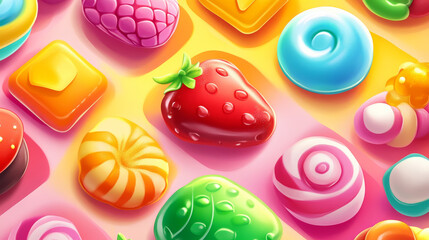 Poster - Match 3 game background with cute candy icons, buttons and assets for gui mobile phone app. Vector cartoon illustration of game match three with sweets signs