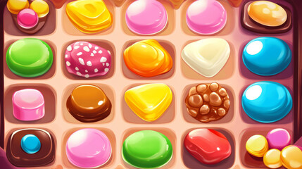 Poster - Match 3 game background with cute candy icons, buttons and assets for gui mobile phone app. Vector cartoon illustration of game match three with sweets signs