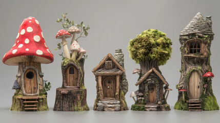 Wall Mural - Cartoon set of fairytale gnome houses isolated on white background. Vector illustration of fantasy tree stump and stone huts with wooden door, porch and window, mushrooms, moss on roof. Dwarf home