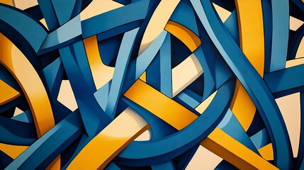 Wall Mural - Abstract blue, yellow, and white intertwined lines.