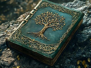 Wall Mural - A magical book with a fantasy medieval green, bronze, and gold tree of life