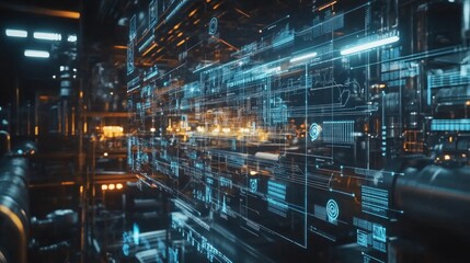 Poster - A stunning display of a hyper-realistic digital interface reveals complex networks and vibrant data streams in a high-tech setting, illuminating the surrounding space with futuristic energy