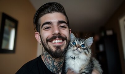 Poster - Happy man holding a fluffy kitten. AI.