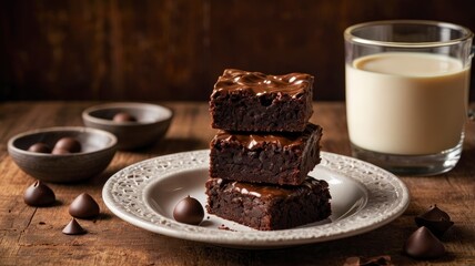 Homemade fudgy chocolate brownies on wooden with chocolate and milk background.