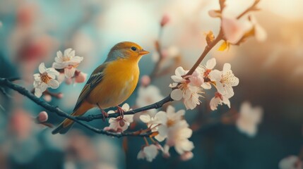 Poster - Serene Springtime: A Golden Bird Perched on a Blossom-Filled Branch, bathed in the Warm Glow of Sunrise