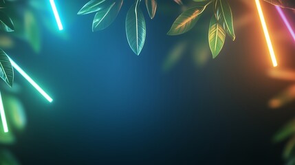 Poster - colorful neon light beams shine through lush green leaves in a vibrant, artistic display