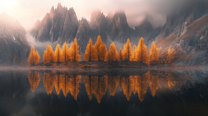 Poster - Enchanted Autumnal Reflections: Golden Larch Trees Mirrored in a Serene Mountain Lake at Sunrise