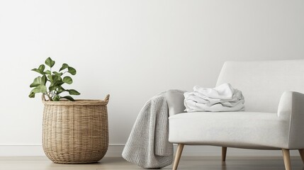 Sticker - Cozy Living Room Setup with Soft Textiles and Green Plant Accent