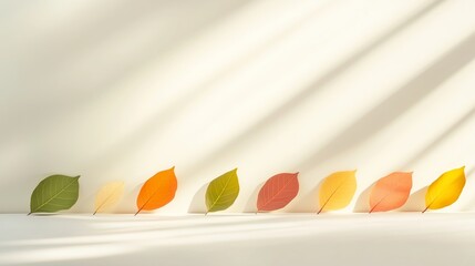 Poster - colorful leaves arranged in a line showcasing the transition of seasons in soft light