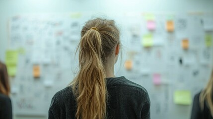 Poster - In a modern office space, a woman mentor engages her team as they gather around a whiteboard filled with colorful notes and sketches, fostering collaboration and innovation